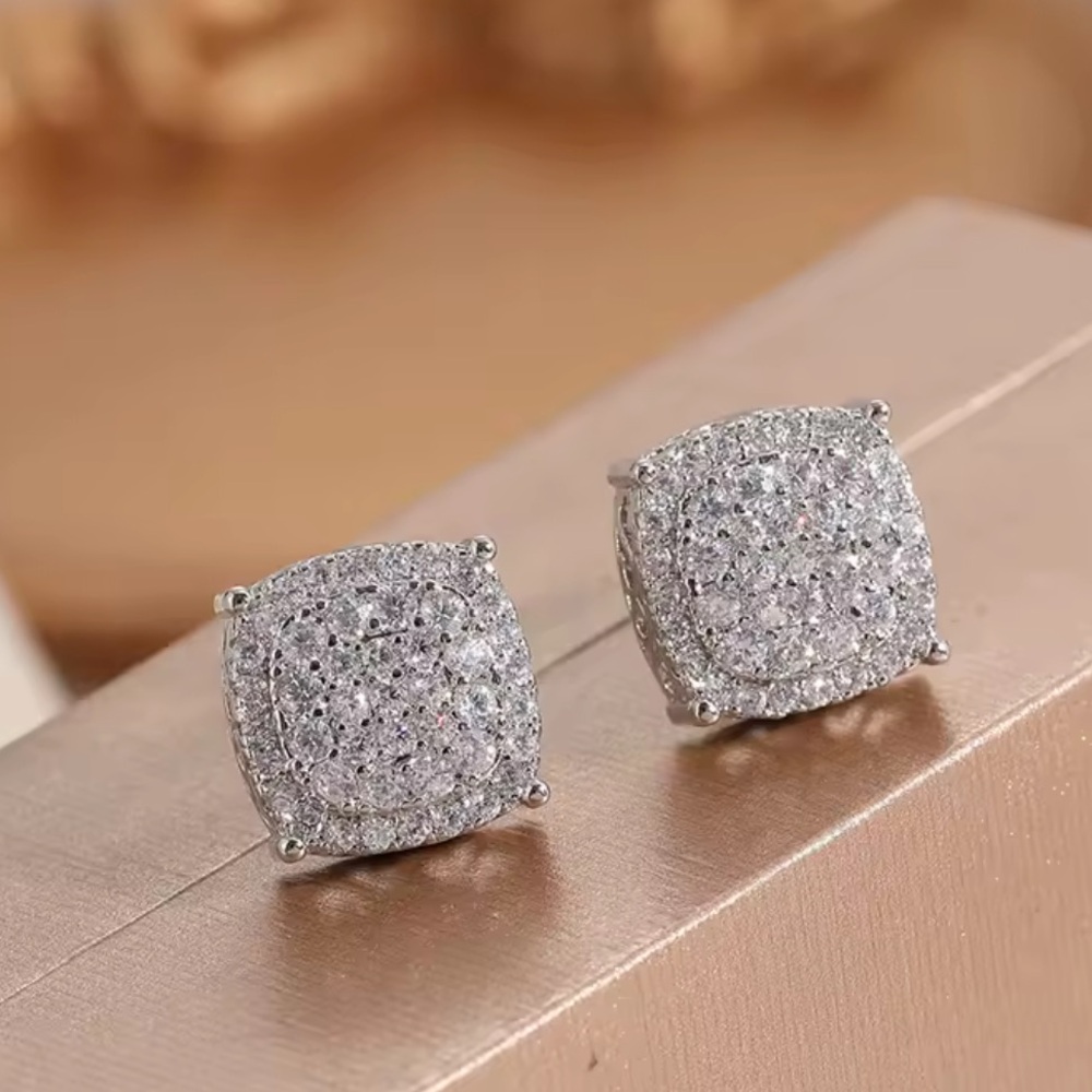 Square Pavé CZ Stud Earrings Silver sparkly